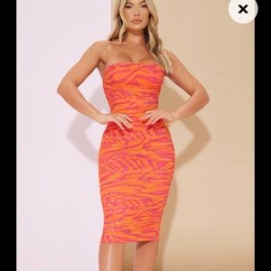 Pink Abstract Print Mesh Bandeau Corset Detail Midi Dress